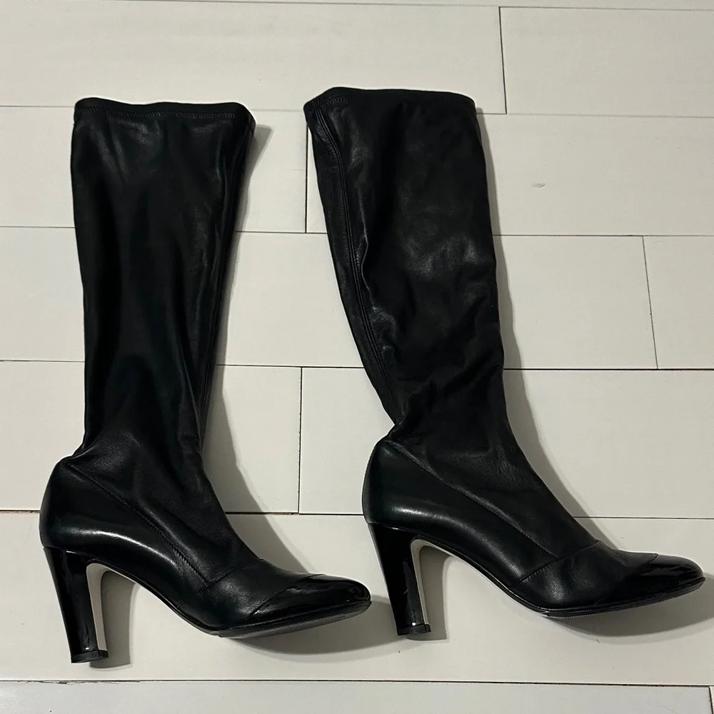 Chanel Heeled Boots Lambskin Tall Boots Cap Round Toe Patent Leather Black EU 38